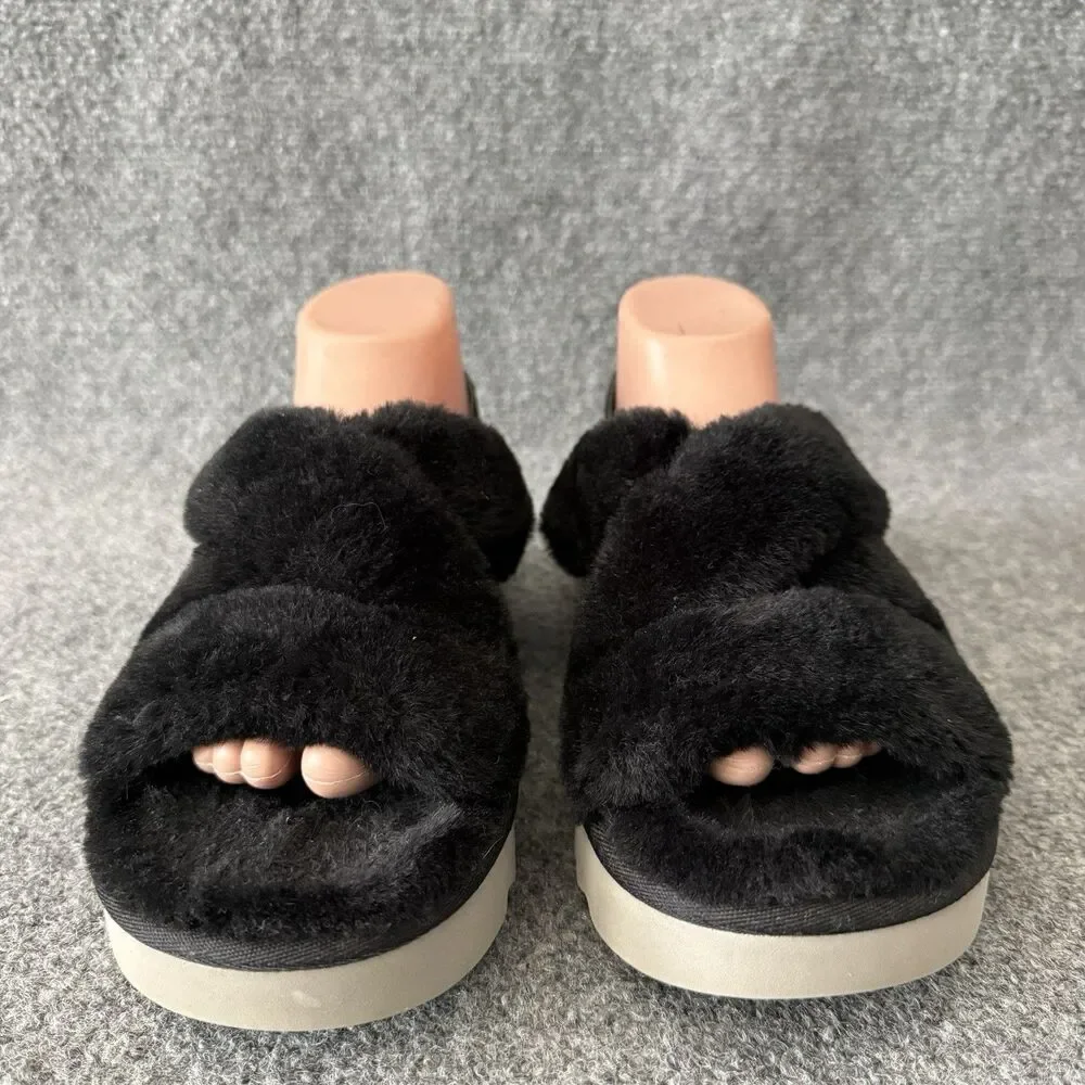 Koolaburra by UGG Fuzz-Ee Women Black Faux Fur Cross Strap Slingback Sandals 8